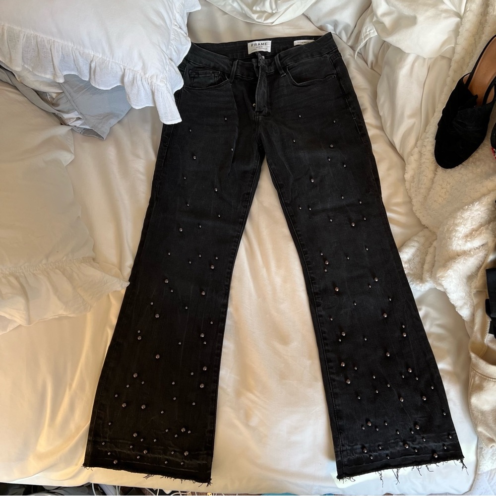 Frame Le Mini Boot Crop High Rise Pearl Beaded Detail Denim Jeans